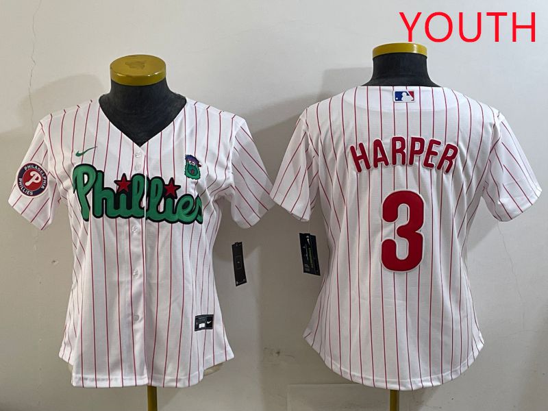 Youth Philadelphia Phillies 3 Harper White Stripe Second generation joint name 2025 Nike MLB Jersey style 5